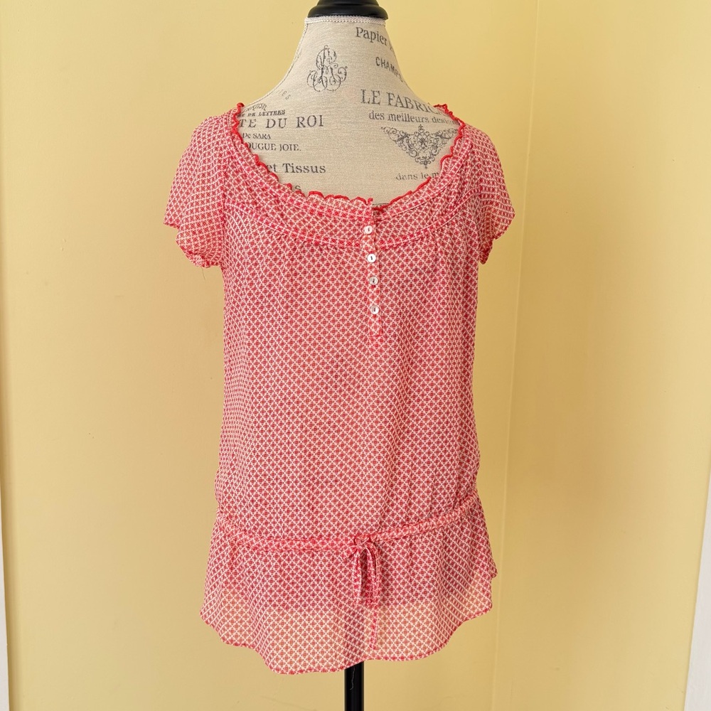 Red Floral Dot, Short Sleeve Poly Peasant Blouse w Adjustable Waistband